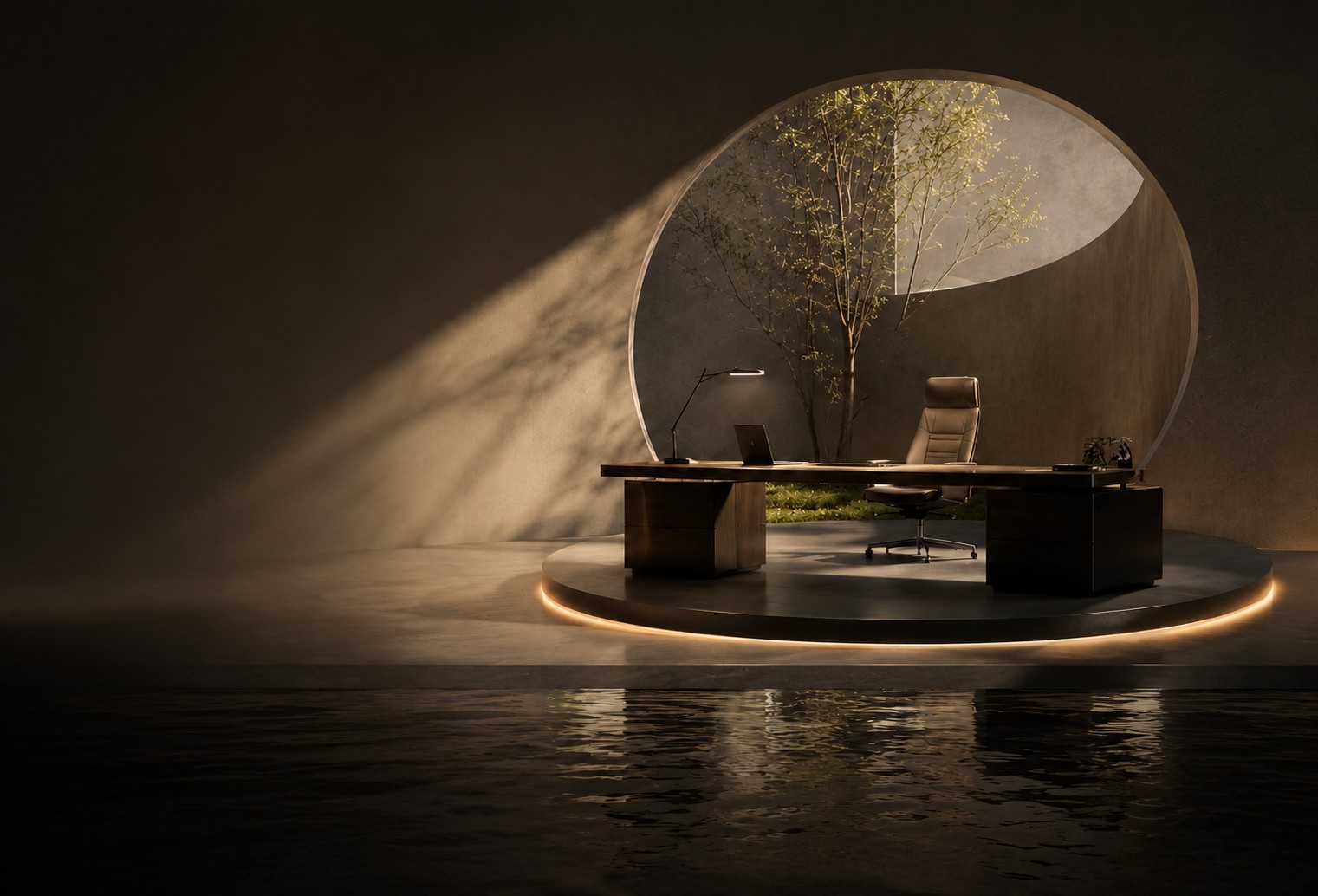 MAKEEN executive workspace — a lit circular showroom